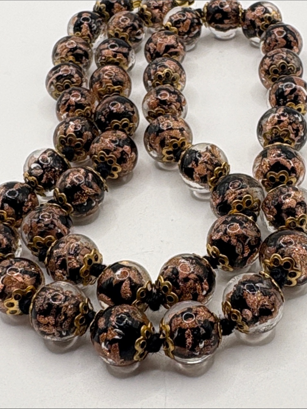 Venetian Glass Black & Copper Beaded Round 18” Necklace with Gold Accents